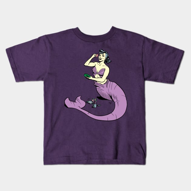 Mermaid putting on make-up Kids T-Shirt by Victor Maristane